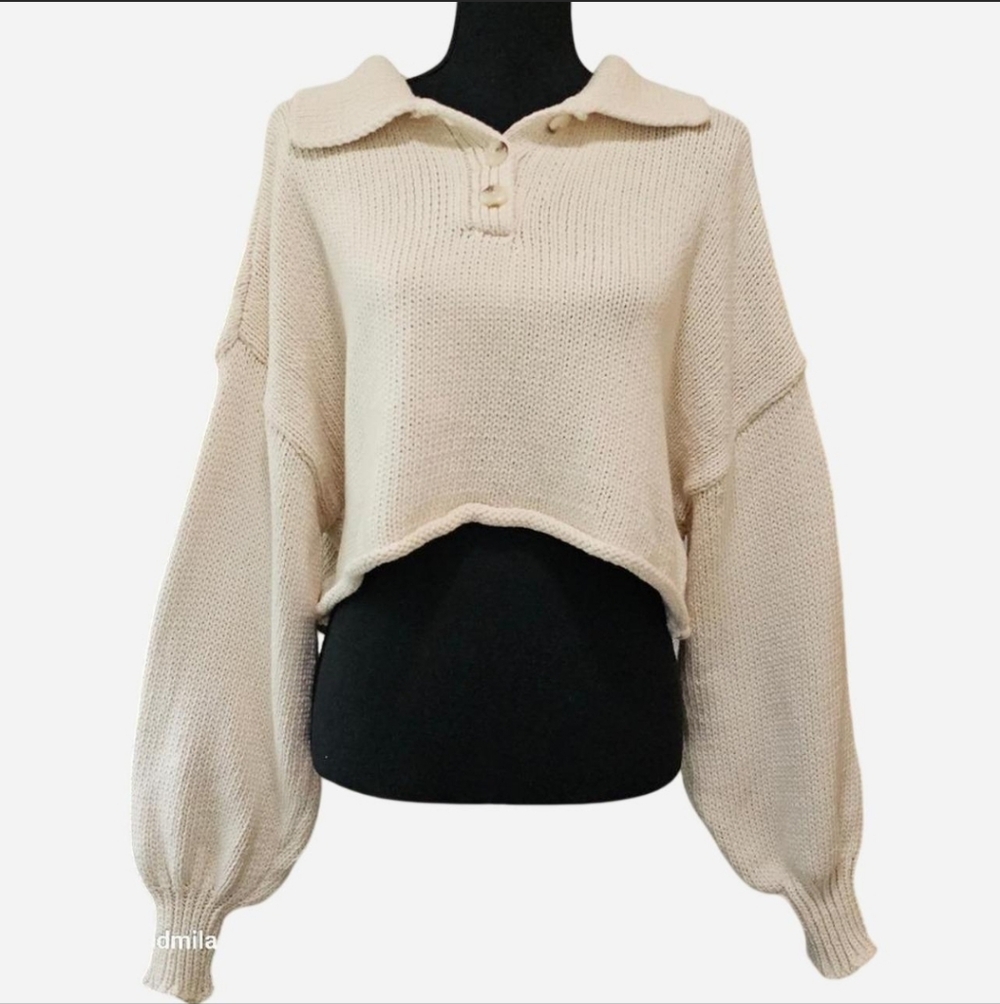 ZARA Women's Size S Cream‎ Long-sleeve Knit Oversized Slouchy Cropped Sweater
